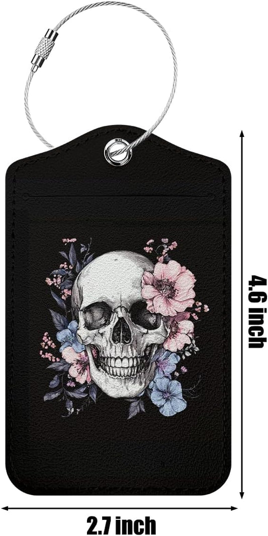 Floral Skull Luggage Tag, Suitcase Tags with Privacy Flap and Metal Loop, Gothic Luggage Tags for Suitcases, Identifiers Travel Essentials Bag Tag, Travel Gifts for Women Girls Friends