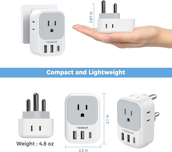 TESSAN South Africa Power Adapter, Type M Plug Adaptor with 4 American Outlets 3 USB Charger (1 USB C Port) for US to Bhutan Botswana Namibia Nepal