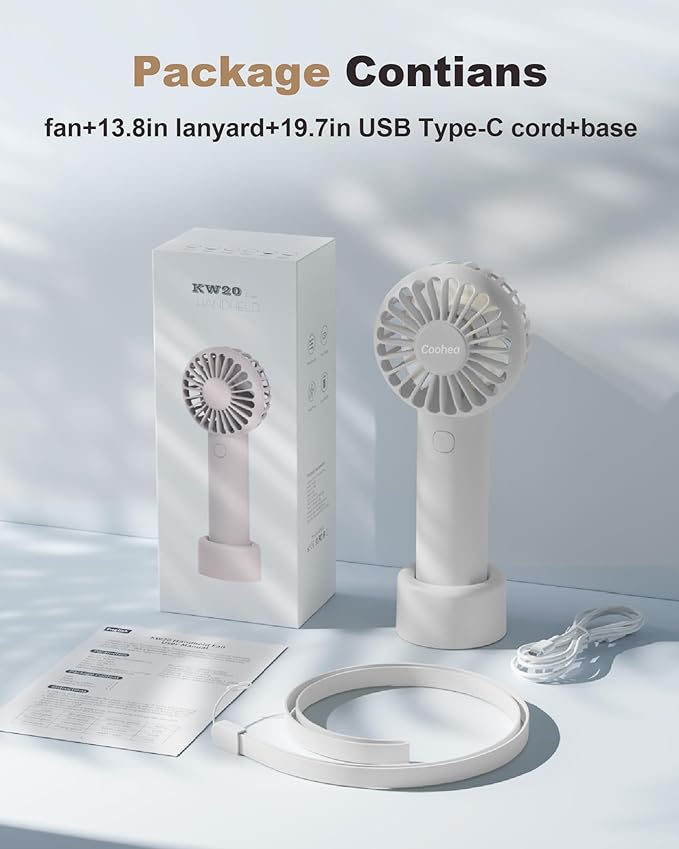 Coohea Mini Handheld Fan, Small Cute Design, 3 Powerful Speeds, USB Rechargeable Battery Operated, Personal Portable Fan with Base & Lanyard, for Eyelash Makeup Travel Beach Office Desk, White