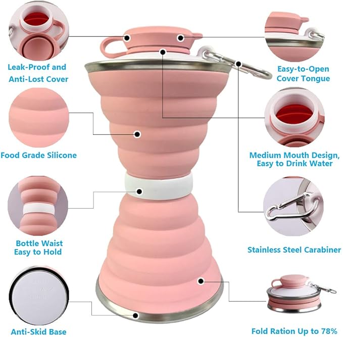 Collapsible Water Bottle, Camping Cup With Carabiner, Reuseable Silicone Foldable Leak Proof Portable Sports Travel Water Bottles For Outdoor, Travel Gym Hiking, BPA Free, Cycling Cups with Carabiner