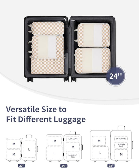 Narwey 5 Set Compression Packing Cubes for Travel, Luggage Packing Organizer Bags for Carry on Suitcase, Expandable Checkered Storage Bags with Laundry & Handle (Light Checkerboard)