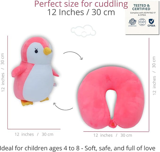 BelkVilo. 2 in1 Plush Penguin Travel Pillow – Pink Kids Travel Pillow for Airplane, Car, or Stroller | Extra-Soft Plush, Medium (12.2 in)