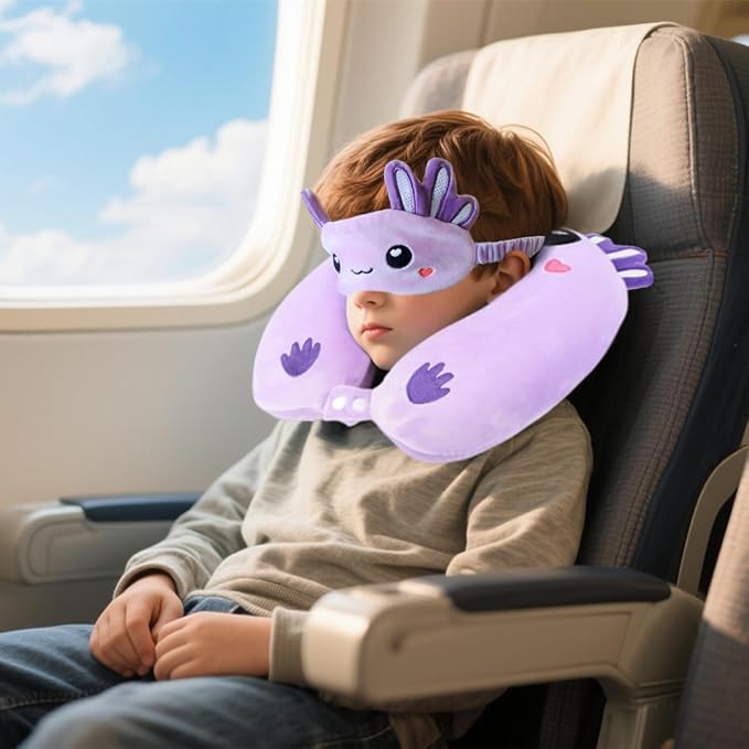 Travel Pillow, Kids Travel Pillow with Sleep Eye Mask Soft Memory Foam Kids Neck Pillow for Boys & Girls, Travel Accessories for Car Airplane Traveling - Purple Axolotl