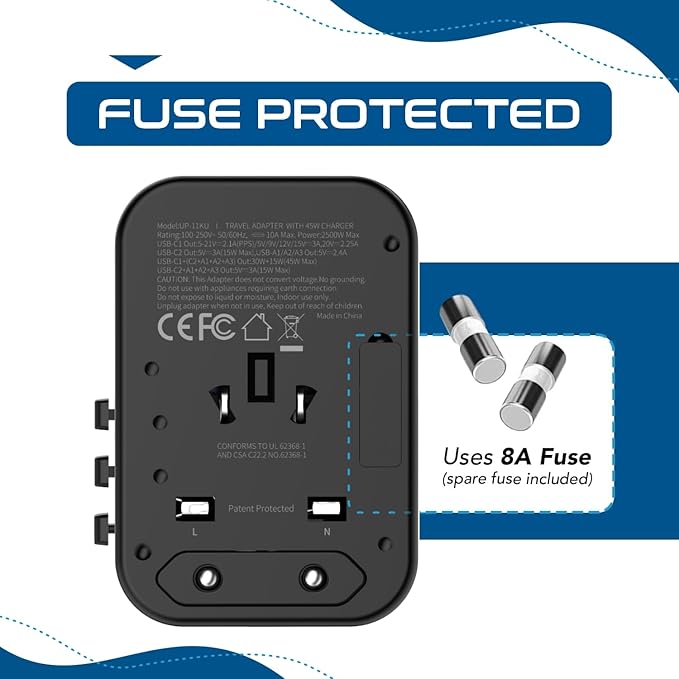 Ceptics Universal Travel Adapter, 45W International Power Adapter with PD & QC 3.0 Dual USB-C, 3 USB Travel Adapter Worldwide, Type I C G A Outlets 110V 220V A/C - EU Euro US UK (11-KU)