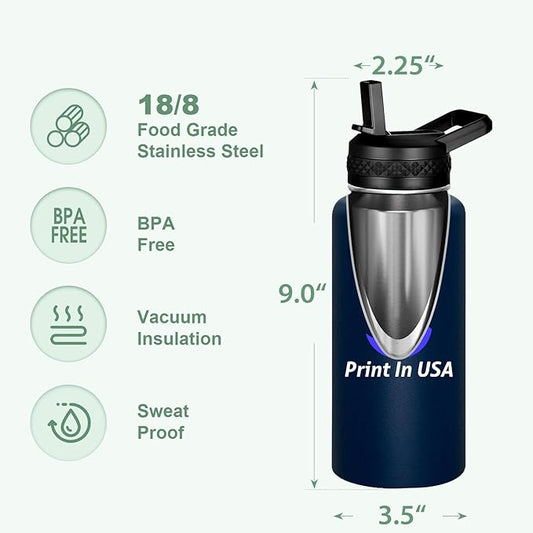 Personalized Custom Print in USA Water Bottle 50Pcs 32oz Stainless Steel Double Wall Coffee Cup with Lid & Straw Insulated Tumbler with Colorful Text Logo Photo