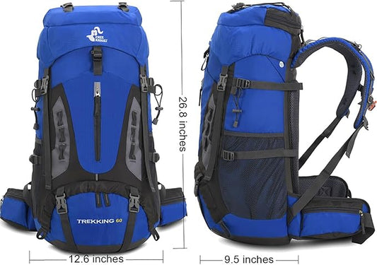 Bseash 60L Hiking Camping Backpack with Rain Cover, Waterproof Large Capacity Outdoor Sport Travel Daypack Climbing Touring (Blue)