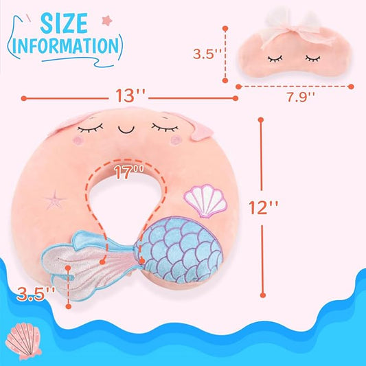 Sexysamba Travel Pillow for Kids Adults with Sleep Eye Mask Cute Cartoon U Shaped Memory Foam Neck Pillows for Travel Head Rest & Neck Support for Airplane, Car, Office Sleeping, Pink Mermaid