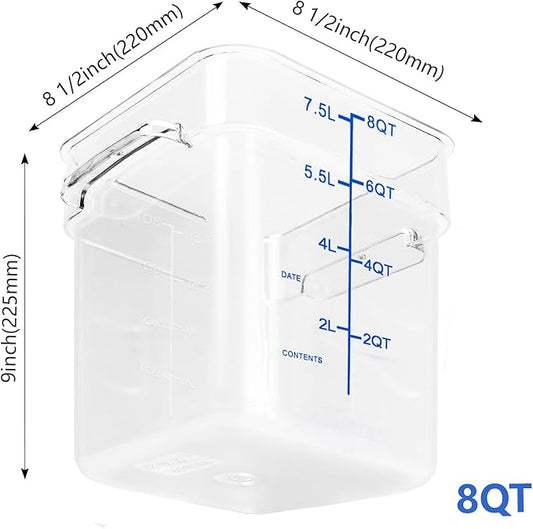 TSUBOR 4 Pack Food Storage Containers with Blue Lids, 8.0 Qt - Square, Clear, Polycarbonate, for Restaurant Commercial Kitchen and Home party