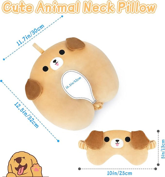 Travel Neck Pillow for Kids Adult, Cute Labrador Kids Travel Pillow with Eye Mask, Cartoon Neck Pillow for Traveling, Soft U Shaped Travel Pillow for Airplane, Car, Recline, Sleeping