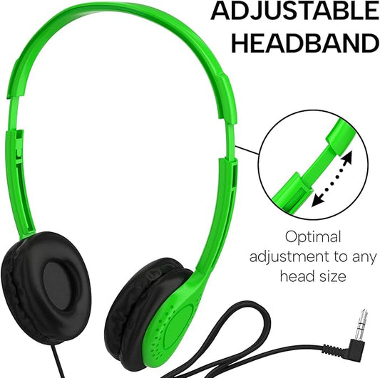 Maeline Bulk Headphones On-Ear Wired Headphones Adjustable Headband with Soft Faux Leather Cushions for School Classrooms, Libraries, Travel - 3.5mm Plug - 10 Pack - Multicolor