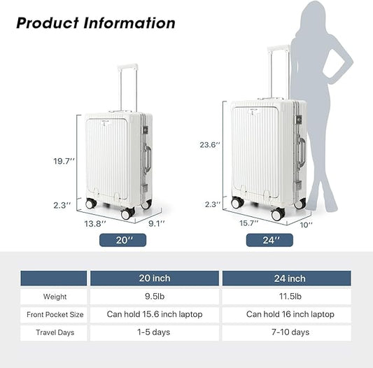 MRPLUM Front Pocket Carry On Luggage,PC Hardside Spinner Wheel Suitcase with TSA Lock,Cup Holder,Phone Holder&USB Charging Port,White(1 Piece)