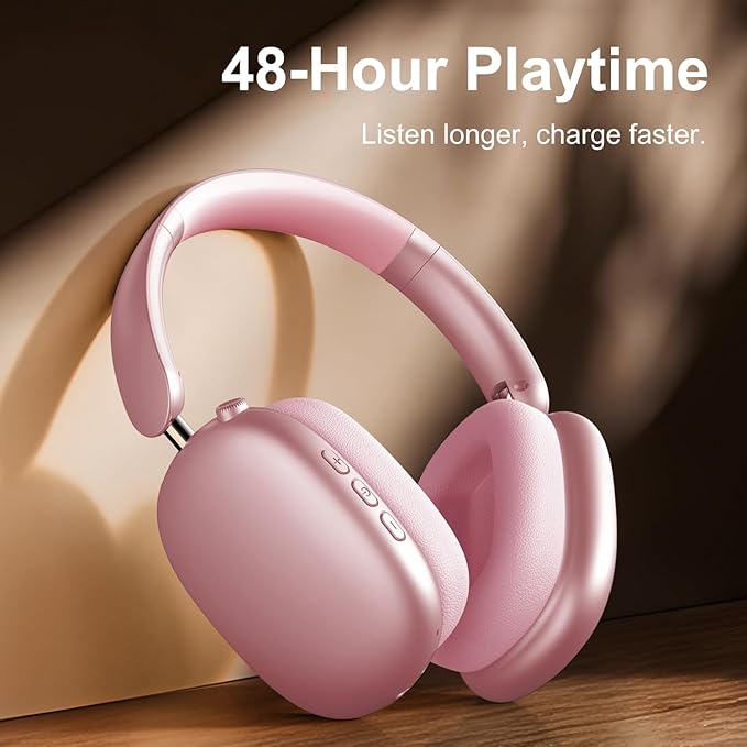 Wentronic Y01 Wireless Noise Canceling Headphones Bluetooth 5.3 Over Ear Headphones with Microphone, Hi-Res Audio, 48H Playtime, Foldable Comfortable Earpads,Compatible with iOS,Android,PC, Pink