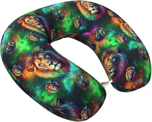 Neck Pillows for Travel Green Galaxy Lion, Women and Men Airplane Car Pillow, Neck Support U Shaped Pillow for Rest Pain Relief Sleeping