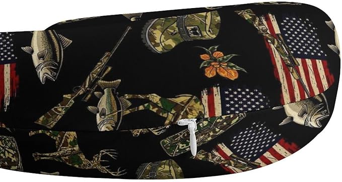 Memory Foam Travel Pillow Fall Hunting Deer Bass Fishing Lure Camo Camouflage American Flag Black, Breathable Chin Head Support, Washable Zip Cover for Airplane Car Office Pain Relief