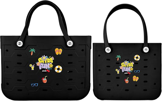 2-Piece Tote Bag Set, Waterproof Rubber Beach Bag with Summer Pattern, Medium & Large Handbag for Pool, Beach, Boat