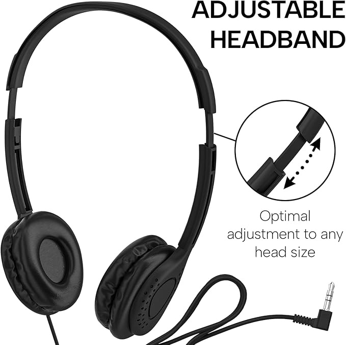 Maeline Bulk Classroom Student Headphones On Ear Stereo Headphones Adjustable Band & Faux Leather Cushions for Kids Online Learning, Library, School, Travel - 3.5mm Plug - 400 Pack - Black
