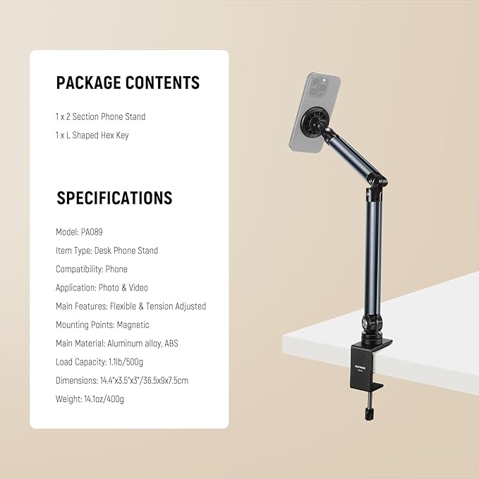 NEEWER Basics Magnetic Cell Phone Holder Stand for Desk & Bed, Tension Adjustable Overhead Desk Mount Compatible with MagSafe iPhone 16 15 Pro Max Plus 14 13 12 for Video Recording Filming, PA089