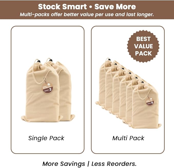 LFH Cotton Shoe Storage Bags with Drawstring, Dustproof Breathable Reusable Organizer, Perfect For Travel, Dorm, Hotel, College, Gym, Easy to Carry, Machine Washable 8"x17" (Pack of 6) - Natural