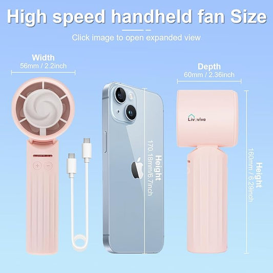LIVAVIVA Handheld fan, adjustable blowing angle, mini portable turbo fan, USB Type-C rechargeable, infinitely variable speed high-speed personal fan, 11 Hours Battery Life (Pink)