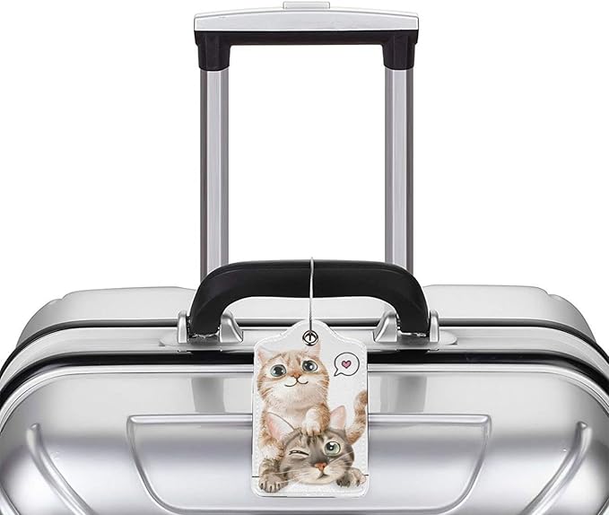 Set of 2 Cute Cats Luggage Tags for Suitcases Bag Tag with Full Back Privacy Suitcase Labels Identifiers, Funny Animals Pattern PU Leather Backpack Name Tags for Women Girls Teen Kids Boys Travel