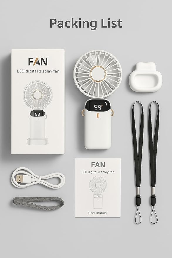 AMPMG LED Digital Display Rechargeable Fan β Portable Handheld & Desk Fan with Adjustable Speeds, USB Charging, Quiet Operation, and Base Stand for Home, Office, Travel and Outdoor Use (White)