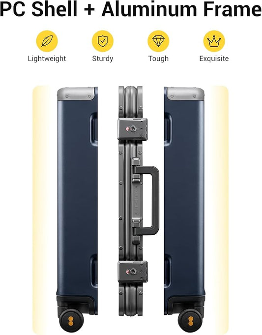 LEVEL8 Zipperless Checked Luggage with Aluminum Frame, Upgraded Medium Hardside Suitcase with Spinner Wheels, Metal Travel Luggage with Double Tsa Locks, 24 Inch, Blue