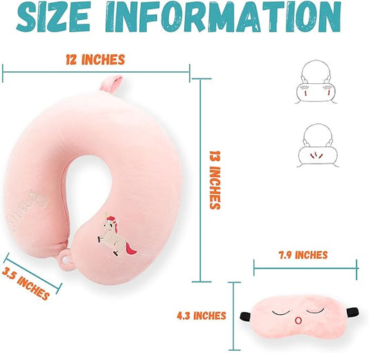 Kids Neck Pillow for Travel with Sleep Eye Mask, Cute Travel Neck Pillow, Memory Foam Flight Sleeping Headrest Pillow for Boys & Girls, Airplane, Train, Car, Home Use - Little Pink Unicorn