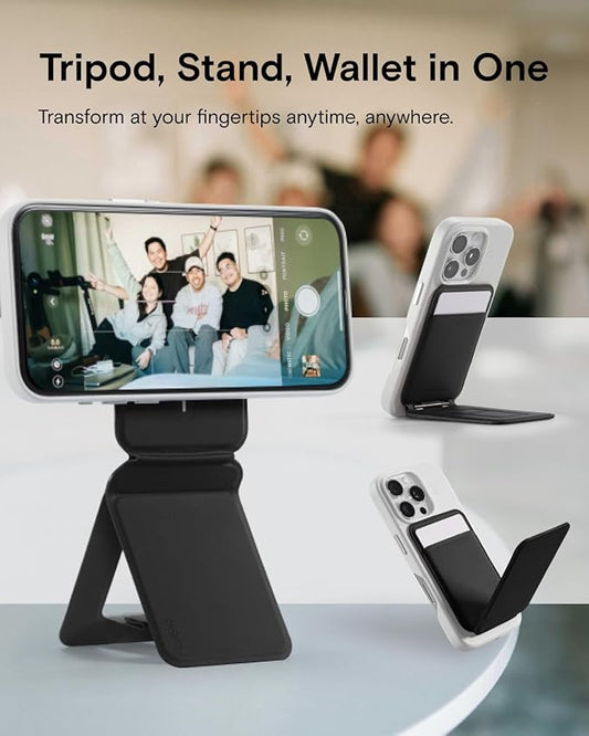 MOFT Phone Tripod Wallet, 3 in 1 Phone Stand Magnetic Wallet, NFC-Supported Magnetic Phone Stand, MOVAS Vegan Leather Adjustable Card Holder-Jet Black