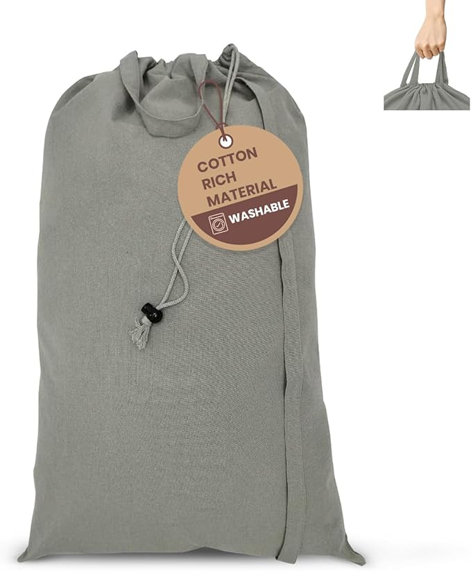 LFH Home Large Premium 1pack Cotton Canvas Laundry Bag with Drawstring and Handles Heavy Duty, Multi-Use, Washable for Home, Travel, College or Storage 18x26 -Grey