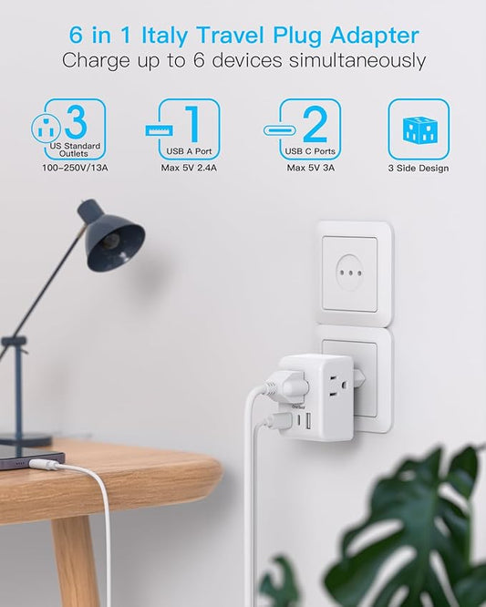 2 Pack Italy Travel Plug Adapter, Type L Italy Power Adapter with 3 Outlets 3 USB Ports(2 USB C), 6 in 1 Travel Outlet Adaptor, 3 Prong Grounded Plug for USA to Italy Chile Uruguay Italian