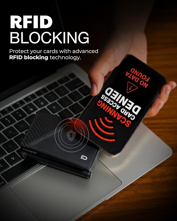 Jenoss Smart Wallet For Men: Full Grain Leather, Handcrafted, Slide Metal Pop Up Grey Case, Slim RFID Blocking Credit Card Holder, Minimalist Compact 12 Cards Slot Organizers ID Money Clip (Carbon)