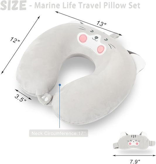 Travel Pillow, Kids Travel Pillow with Sleep Eye Mask Soft Memory Foam Kids Neck Pillow for Boys & Girls, Travel Accessories for Car Airplane Traveling - Grey Cat