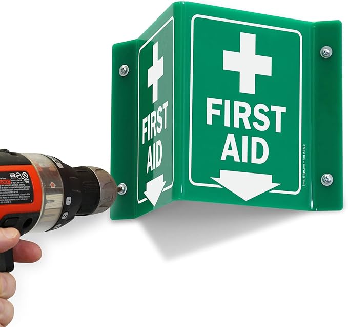 SmartSign "First Aid" Two-Sided V-Shaped Projecting Sign with Down Arrow and Symbol, 6 x 5 inch, 120 mil Polished Acrylic, Green/White, Made in USA