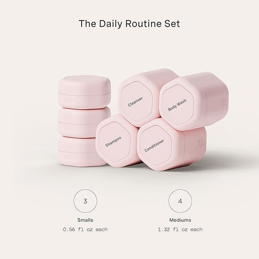 Cadence Travel Containers - Daily Routine Capsule Set - Magnetic Containers with Lids,4 Flex Mediums (1.32oz) & 3 Flex Smalls (0.56oz) - Shampoo, Conditioner, Body Wash, Pills, & More - Petal