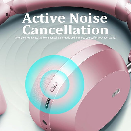 Wentronic Y04 Bluetooth Headphones Active Noise Cancelling Wireless Over Ear Headsets 48 Hours Playtime High Sound Quality Foldable Earphones with Soft Ear Cushion for Travel - Pink