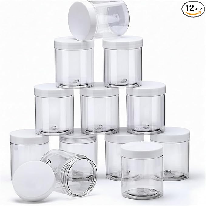 12 Pack 5 oz Plastic Container Jars with Lids Round Clear Travel Cosmetic Container Jars for Toiletries, Lotion, Cream, Ointments, Makeup, Rhinestone, Samples, Kitchen Storage (White)
