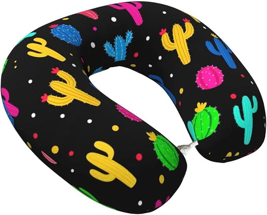 Comfortable Memory Foam Neck Pillow Trippy Dots Cactus, Travel U Shaped Airplane/Car/Flight Pillows with Removable Zipper Cover, Chin Head Neck Support Cushion