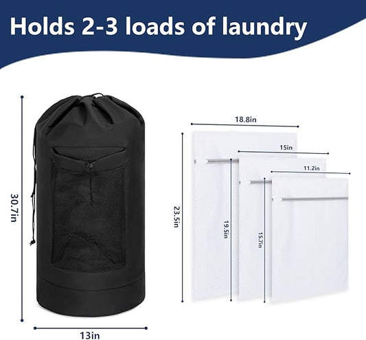Laundry Bag Backpack with 3 Sizes Mesh Wash Bags and Shoulder Straps Foldable Clothes Hamper Bag with Drawstring Closure for College, Apartment, Laundromat (Black)