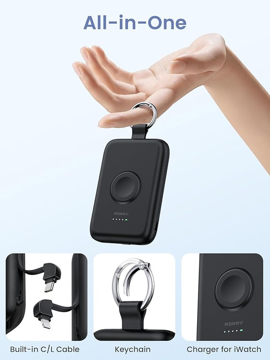 RORRY Portable Charger, 10000mAh PD 20W Fast Charging Portable Charger Power Bank with Built in Cables, Travel Battery Pack for iPhone 17/16/15/14/13/12 and Apple Watch Ultra/11/10/9/8/7/6/5, Black