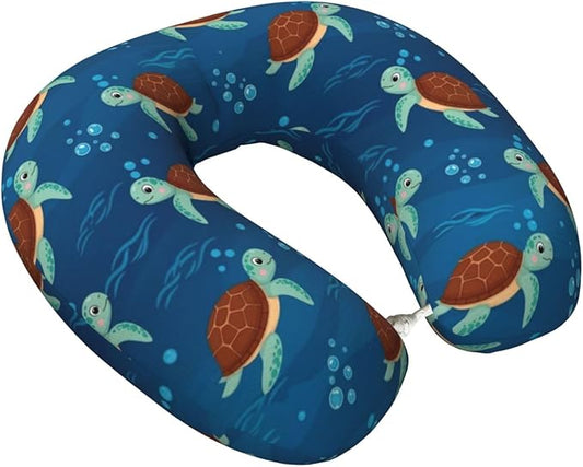 Neck Travel Pillow, Breathable Memory Foam Chin & Head Support Cushion Teal Sea Turtles for Airplane Car Sleeping Rest