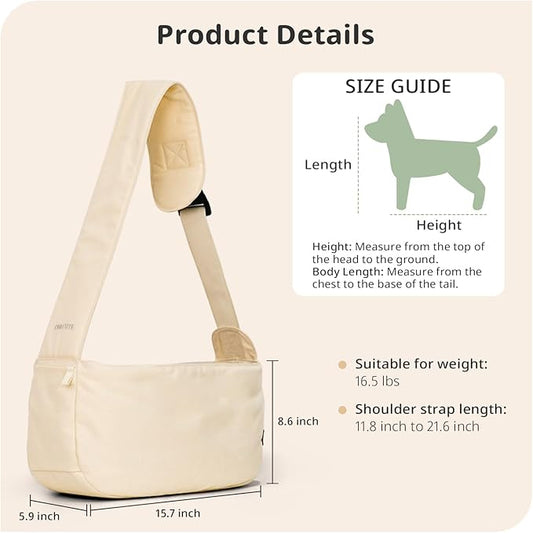 Dog Sling Carrier for Small Dogs and Cats, Lightweight Collapsible Pet Travel Bag with Adjustable Strap, Side Pockets & Breathable Mesh (Beige, 15.7" L x 5.9" W x 8.6" H)