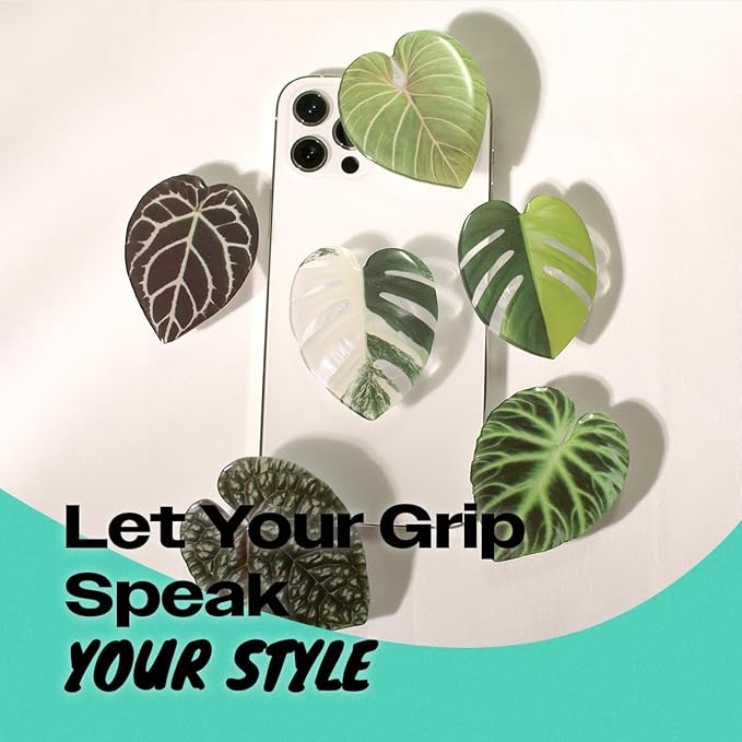 OnTheGrip Cute Acrylic Tropical Leaf Design Collapsible Expandible Mobile Phone Grip Stand Holder for Smartphone Tablet Cell Phone Accessory (Crystallinum Dark)