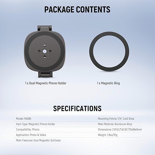 NEEWER PA095 Dual Magnetic Ring Holder for Phone, Slim Folding Magnetic Mobile Phone Holder with 1/4" Screw for Tripod Compatible with MagSafe iPhone Samsung Huawei Android for Video, PA095