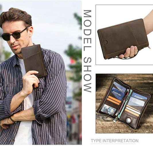 CONTACTS Full Grain Leather Travel Passport Holder for 4 Passports with Airtag Slot Family Passport Wallet RFID Blocking Passport Organizer