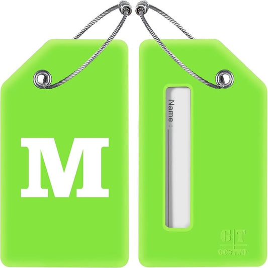 Gostwo 2 Pack Silicone Luggage Tags for Suitcases, 26 Initial Letter Baggage Labels Handbag School Bag Suitcase Instrument Tag with Stainless Steel Loop(Green)(Letter M)