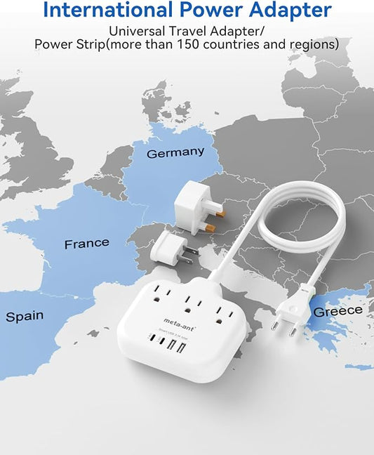European Travel Plug Adapter, US to European Plug Adapter with 3 American Outlets & 4 USB, 3ft European Power Cord, International Travel Power Strip, Type C for Europe EU Germany France, Travel, White