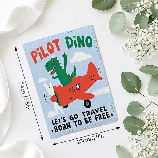 Cartoon Dino Passport Holder for Travel Plane and Dinosaur Print PU Leather Passport Cover Wallet Cute Passport Card Holder for Women and Men