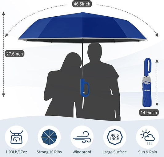 Seniny Travel Umbrella with Carabiner Handle, Windproof Large Umbrellas for Rain with Dual-Rib Structure, Portable Compact Umbrella with Reflective Strip, Car Backpack UV Umbrellas for Sun Protection