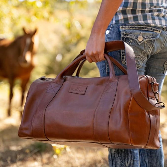 Full Grain Leather Duffle Bag – 40L Travel, Gym & Carry-On Weekender for Men | Handcrafted Overnight Bag with Brass Hardware, Bourbon Style