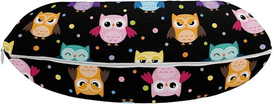 Ambesonne Owls Travel Pillow Neck Rest, Colorful Birds with Different Expressions Funny Confused Serious Characters Dots, Memory Foam Traveling Accessory for Airplane and Car, 12", Black Multicolor